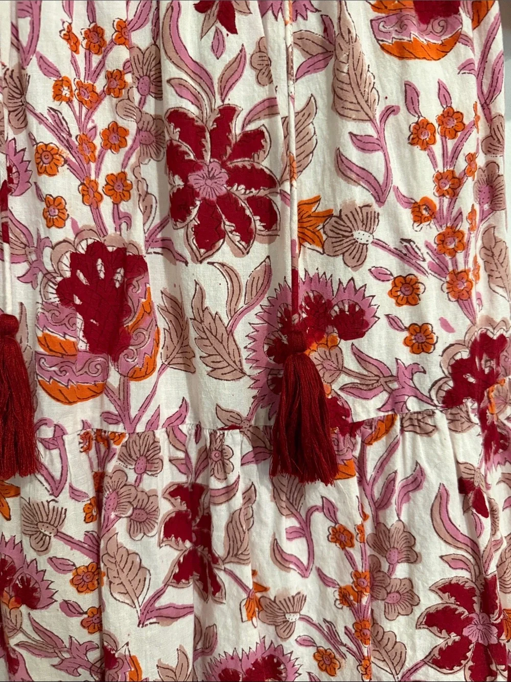 Jude Connally Pink Floral Tiered Mini Dress with Red and Orange Accents